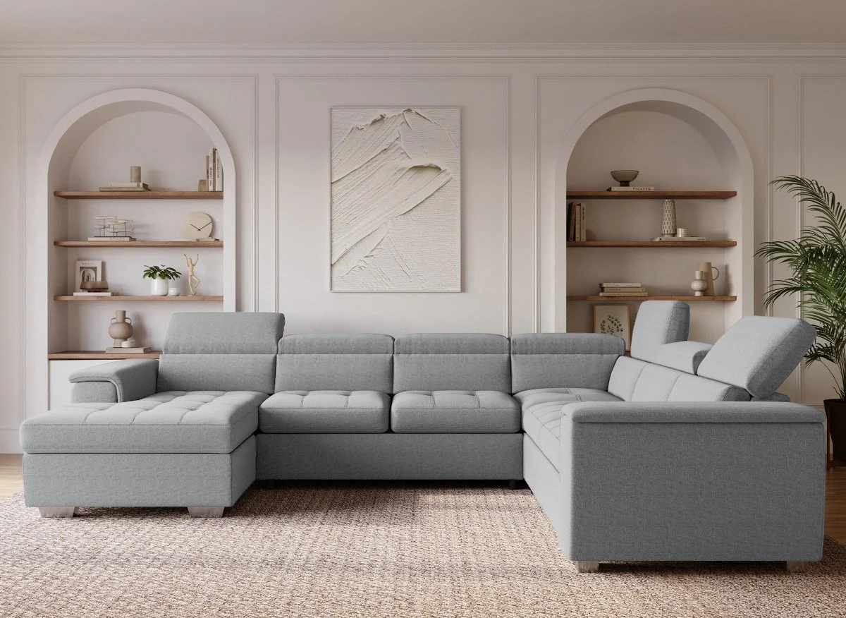 Canapé panoramique convertible coffre de rangement en tissu gris GAELLE - Angle Gauche - Image 3