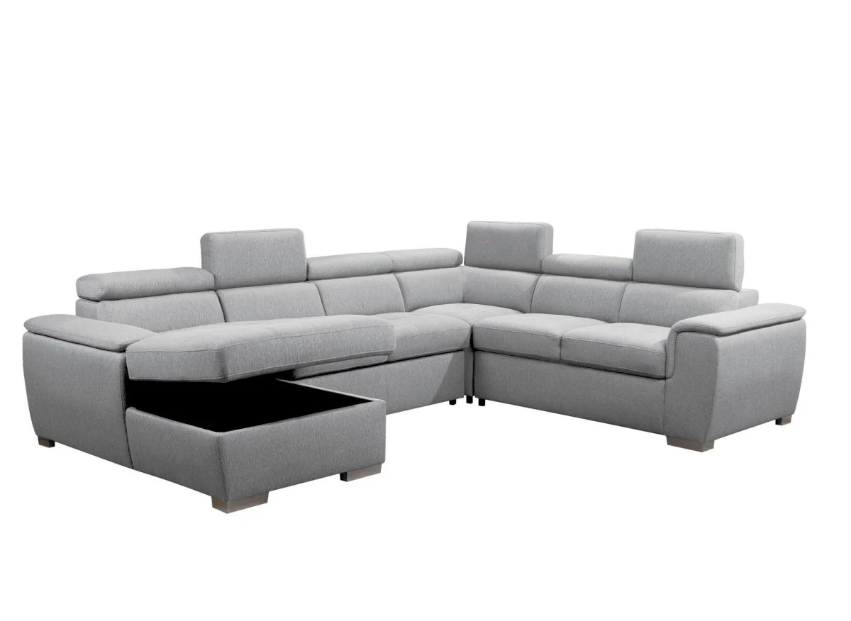 Canapé panoramique convertible coffre de rangement en tissu gris GAELLE - Angle Gauche - Image 5