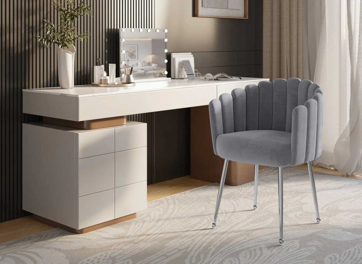 Chaise en velours gris pieds en métal argenté HAYDEN - Image 2