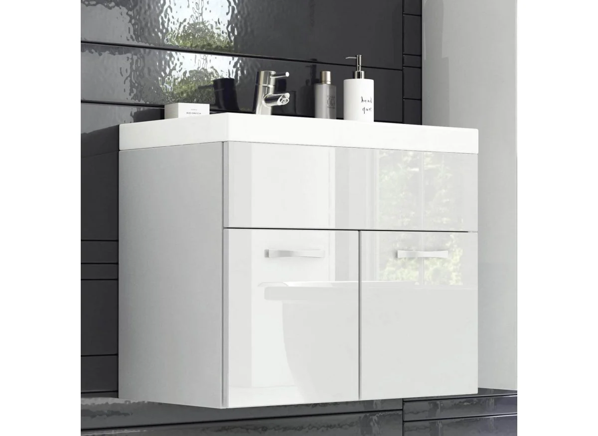 Ensemble meubles salle de bain design suspendu - Blanc laqué HARMONY - Image 3