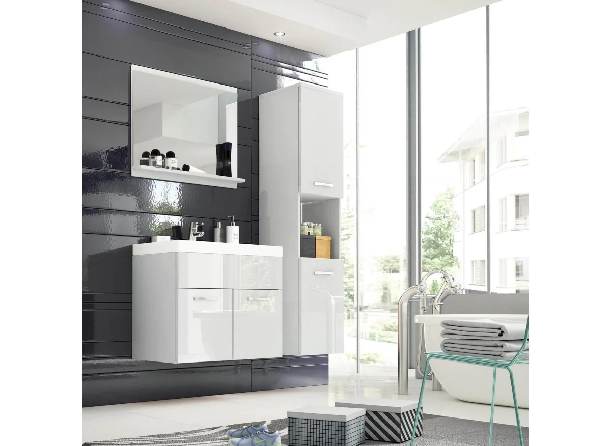 Ensemble meubles salle de bain design suspendu - Blanc laqué HARMONY - Image 5