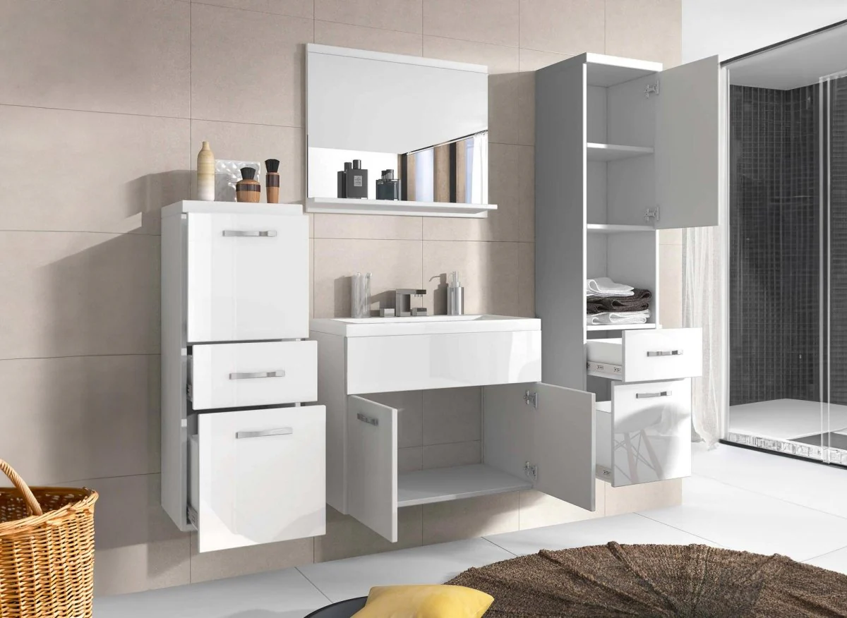 Ensemble meubles salle de bain design suspendu - Blanc laqué SHELBY - Image 2