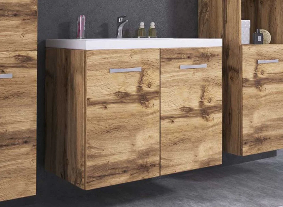 Ensemble meubles salle de bain design suspendu - Chêne vieilli ALBY - Image 3