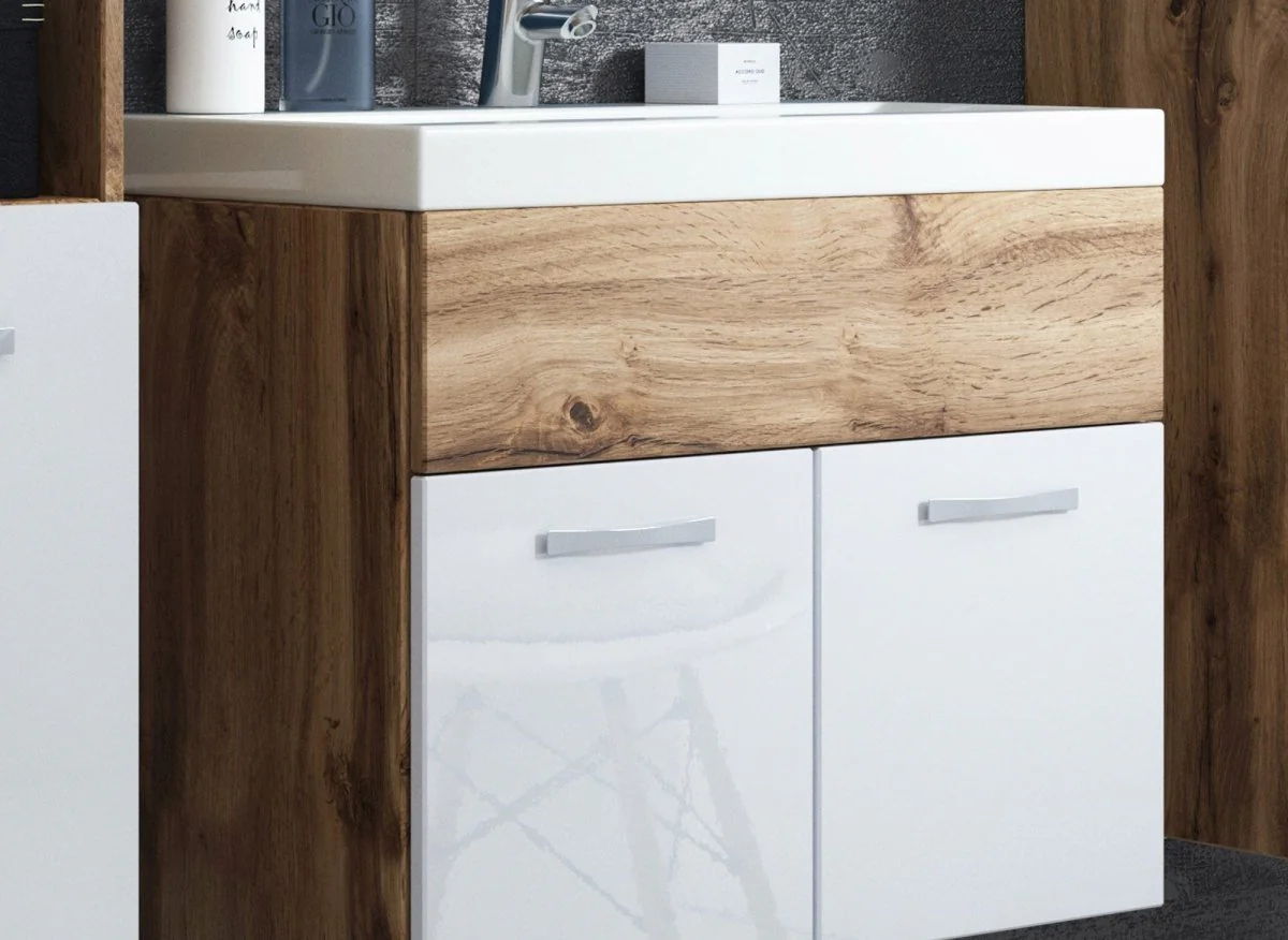 Ensemble meubles salle de bain suspendu XL - Bois et blanc HARMONY - Image 2