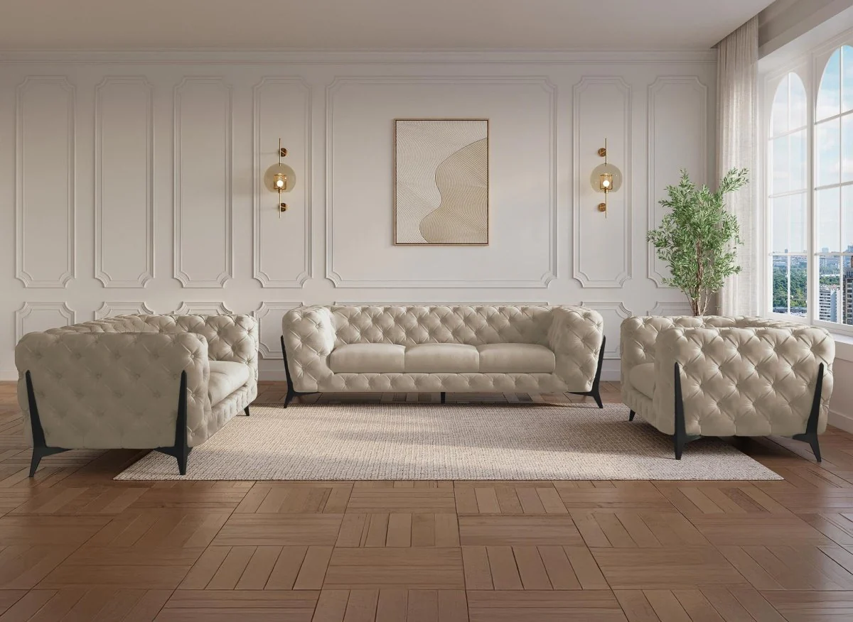 Fauteuil capitonné chesterfield velours beige CARMEN - Image 3