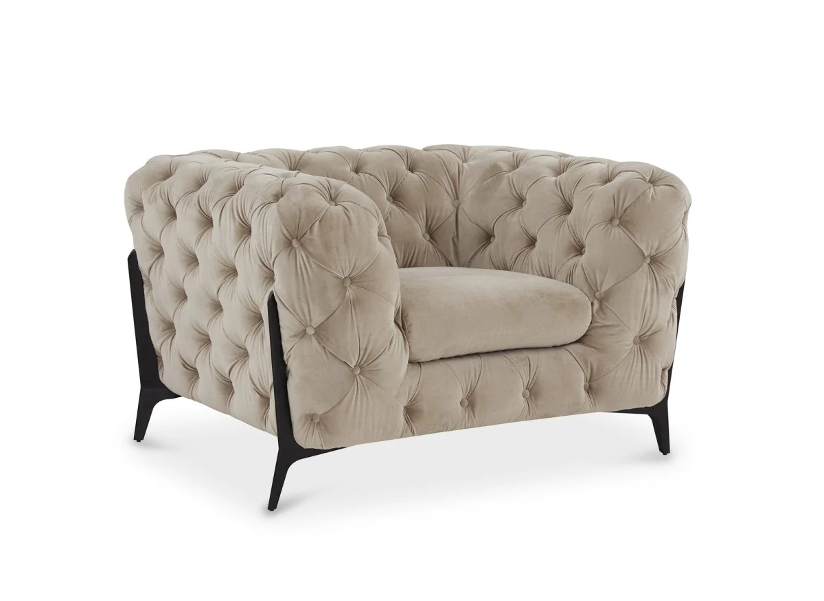 Fauteuil capitonné chesterfield velours beige CARMEN - Image 4