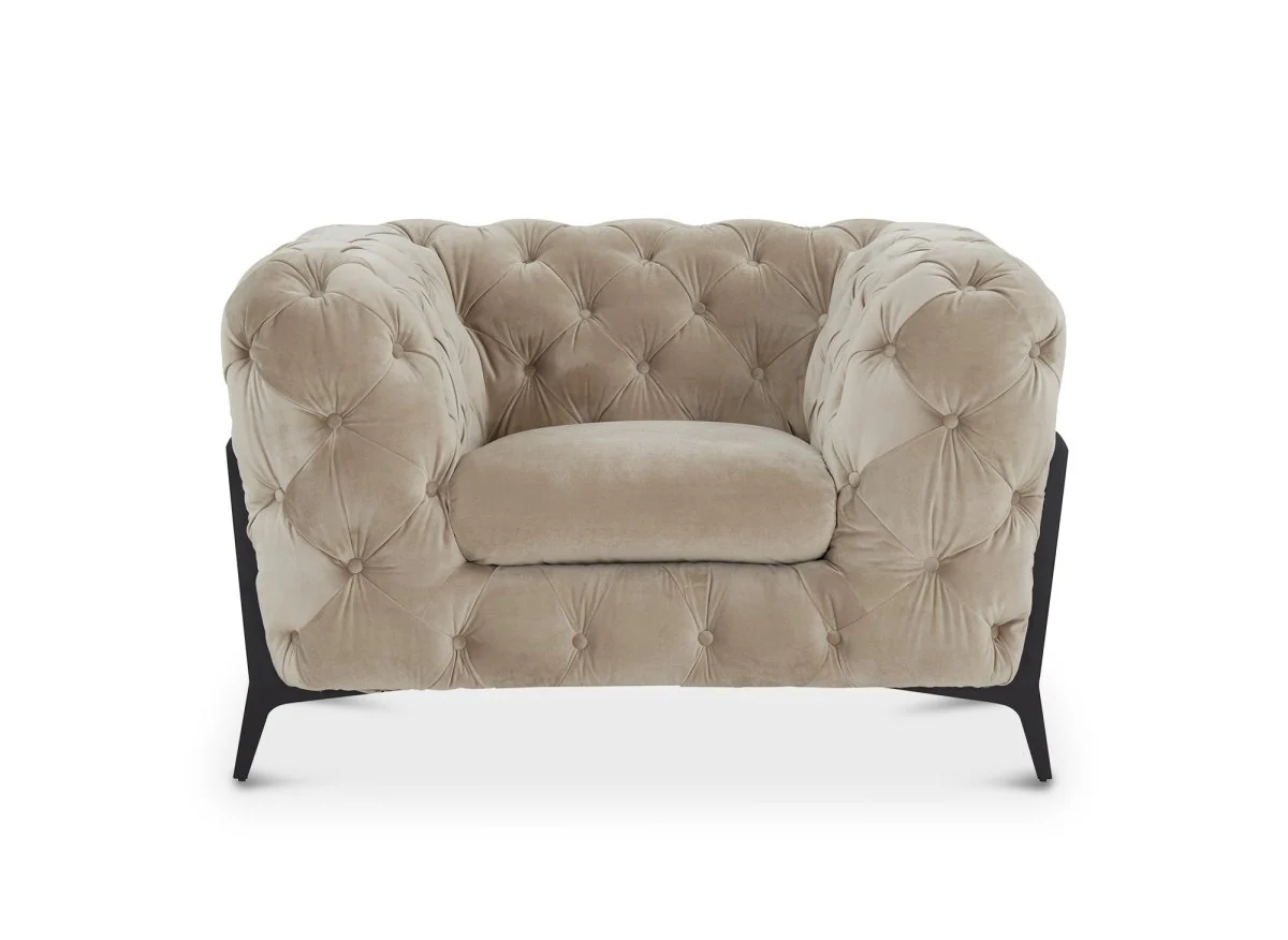 Fauteuil capitonné chesterfield velours beige CARMEN - Image 5