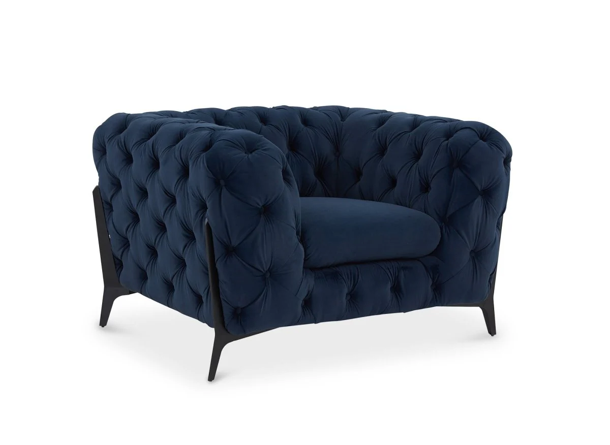 Fauteuil capitonné chesterfield velours bleu CARMEN - Image 4