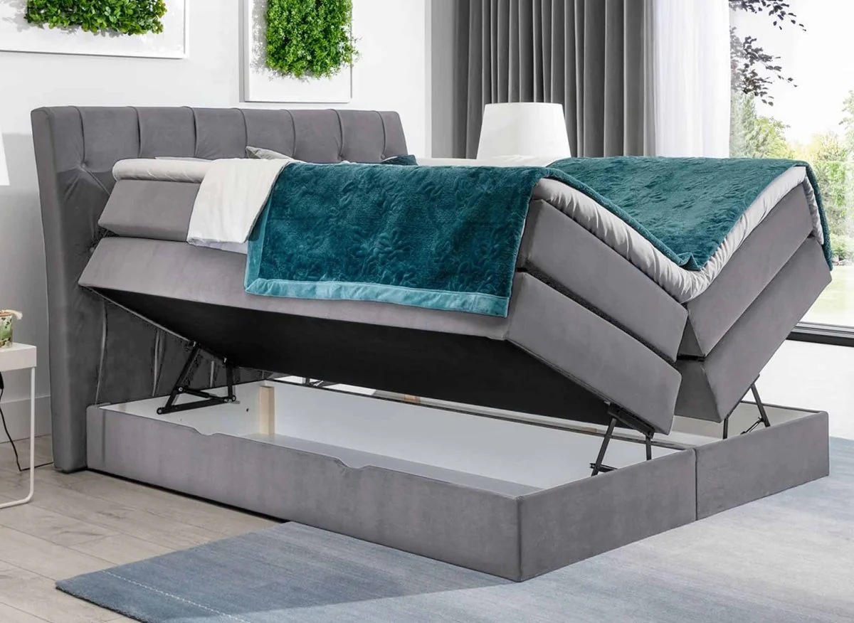 Lit boxspring 140x200 avec coffre de rangement en velours gris MIRANDA - Image 2
