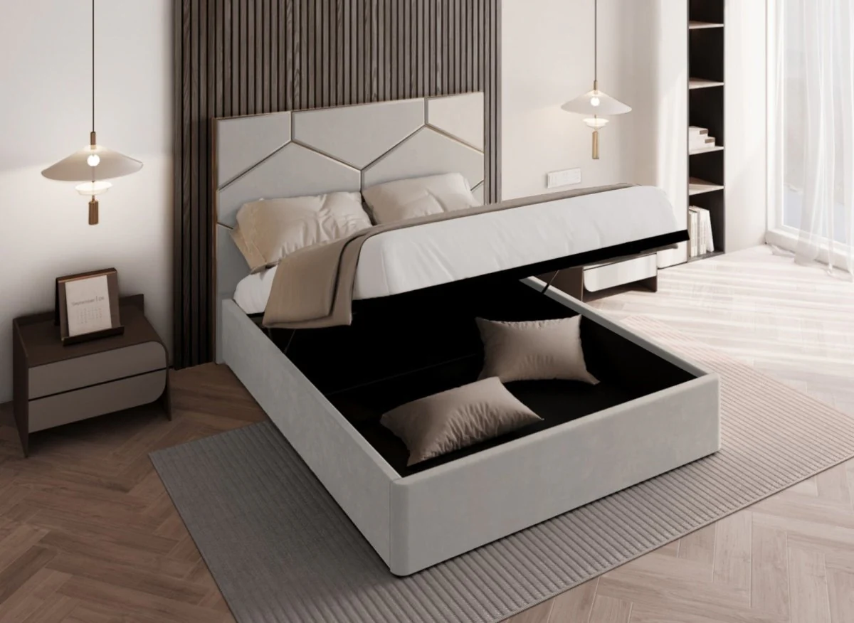Lit coffre avec tête de lit design en velours taupe LARA 180 x 200 cm - Image 2