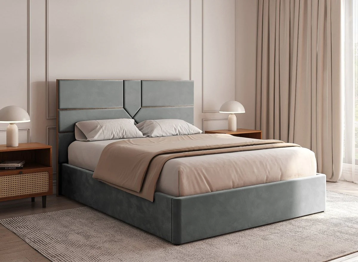 Lit coffre design en velours gris DAVINA 180 x 200 cm