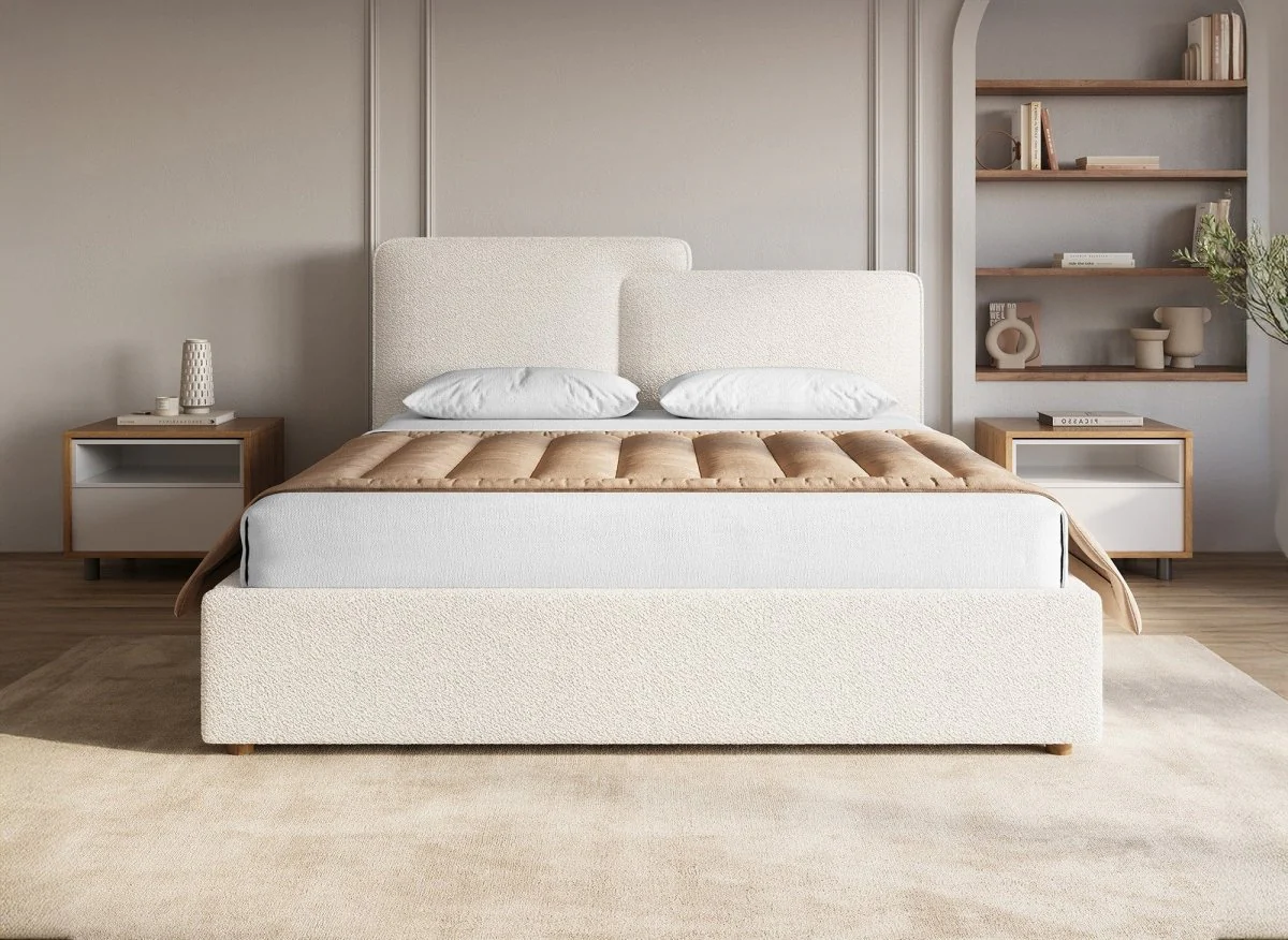 Lit coffre en tissu bouclette beige 140x190 cm ZELIA - Image 3