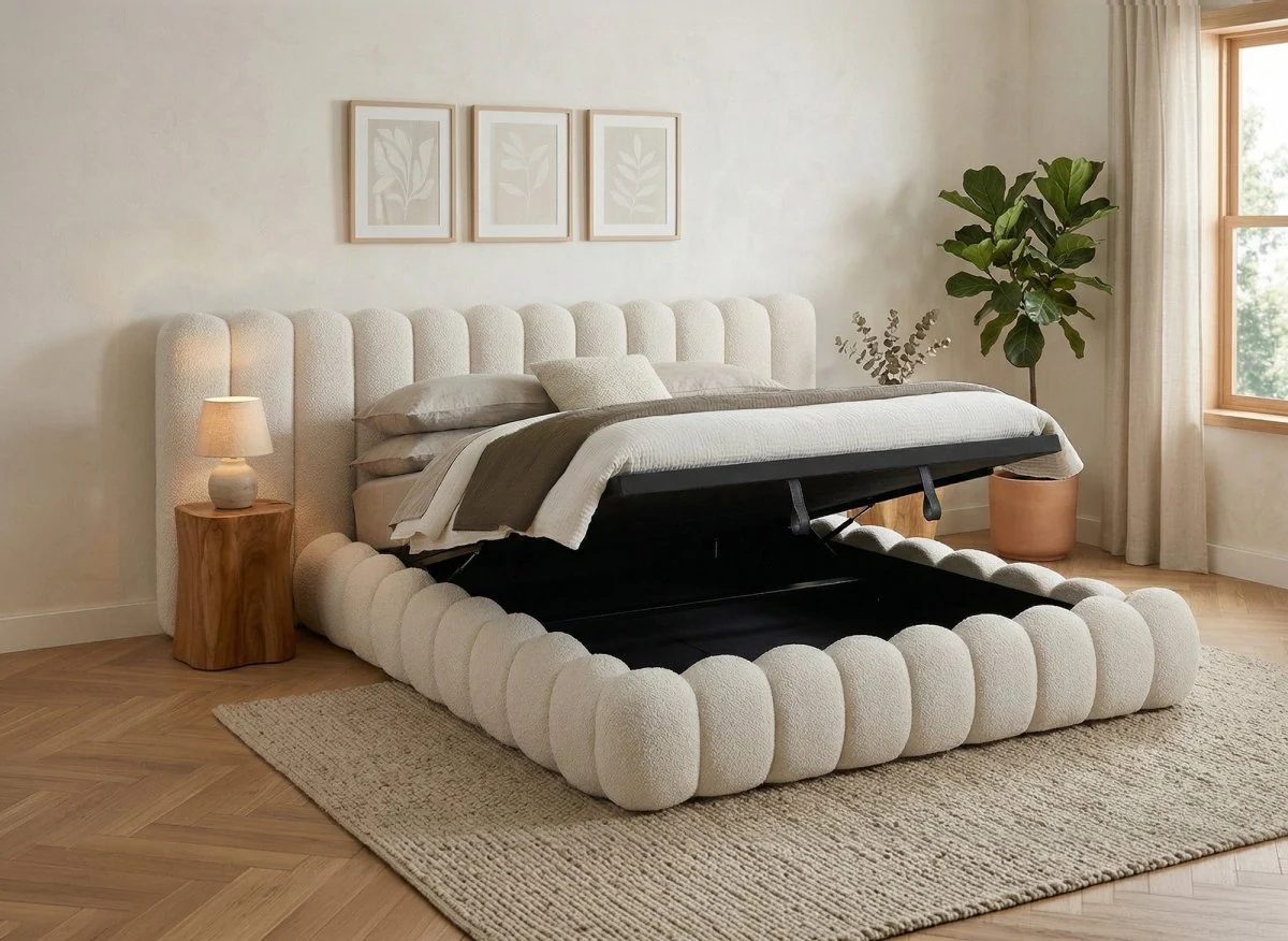 Lit coffre en tissu bouclette beige 160x200 cm GRETA - Image 2