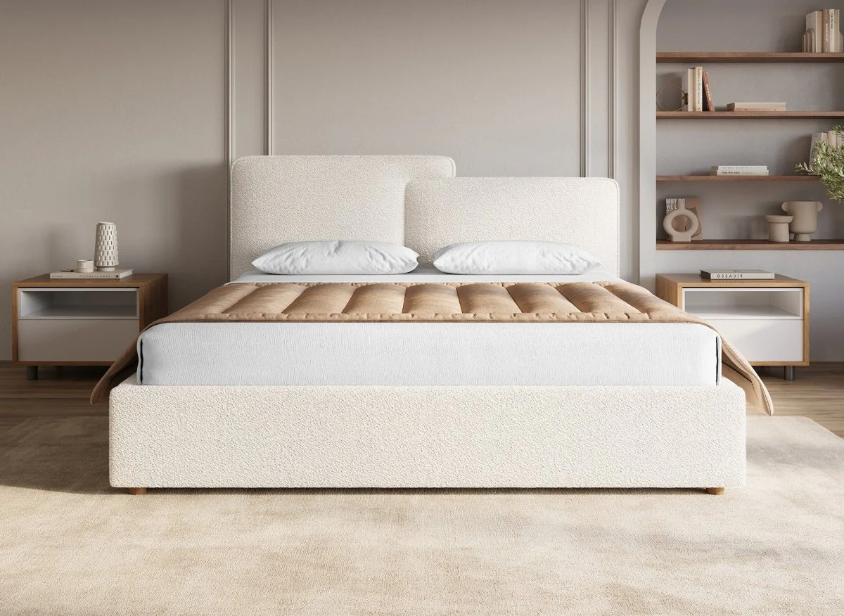 Lit coffre en tissu bouclette beige 160x200 cm ZELIA - Image 3