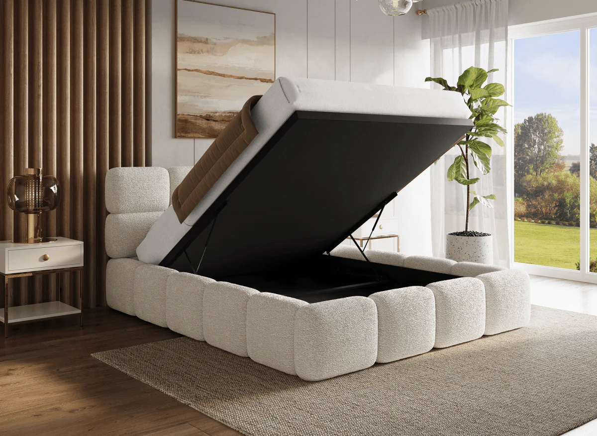 Lit coffre en tissu bouclette beige 160x200 cm BUBBLE - Image 2