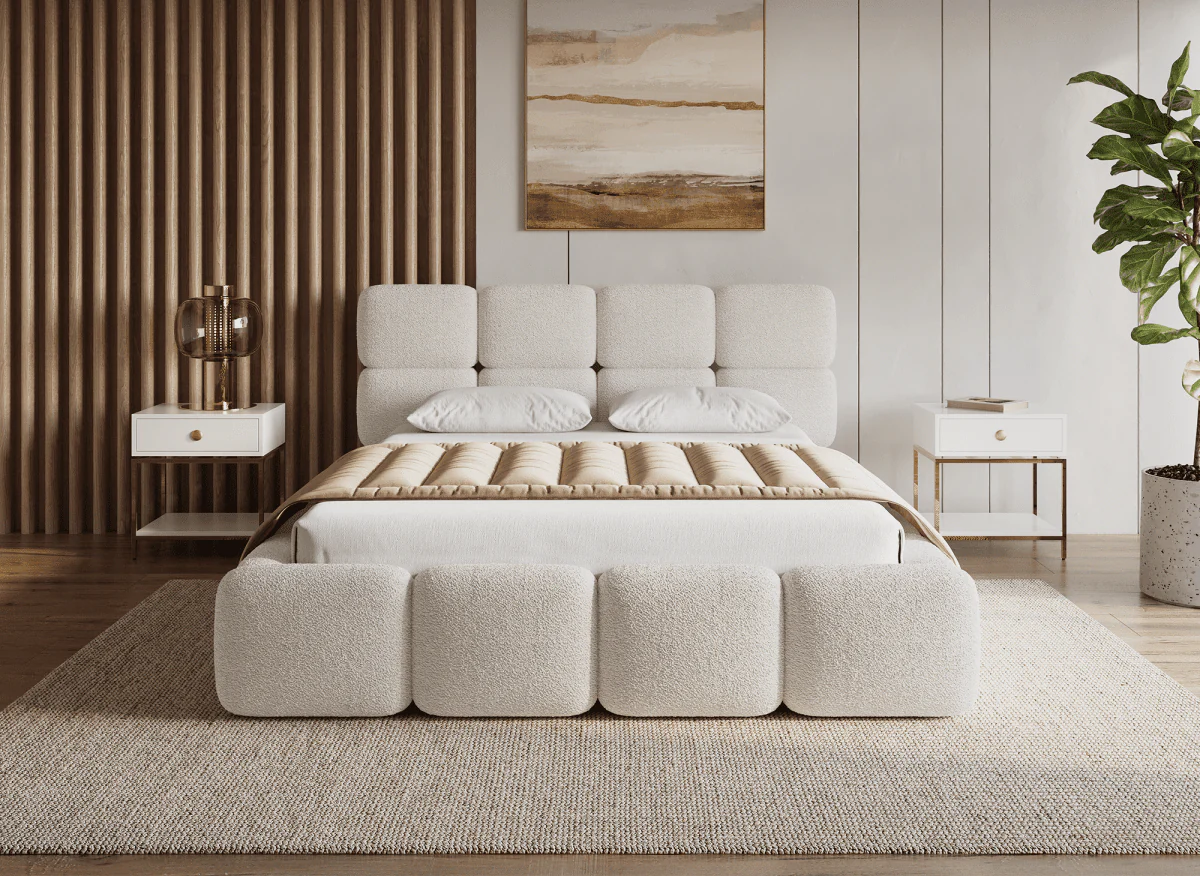 Lit coffre en tissu bouclette beige 160x200 cm BUBBLE - Image 3