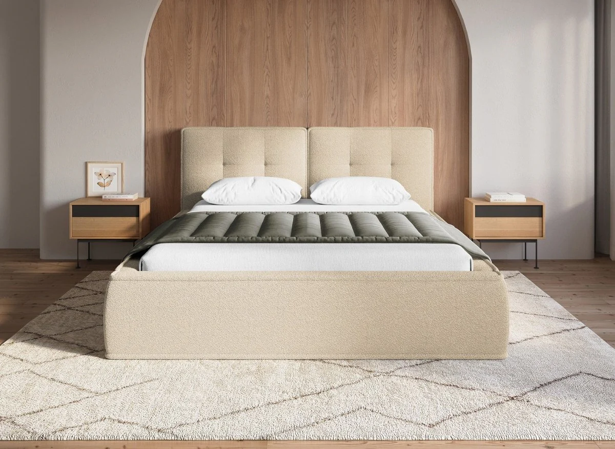 Lit coffre en tissu bouclette beige 140x190 cm YUNA - Image 3