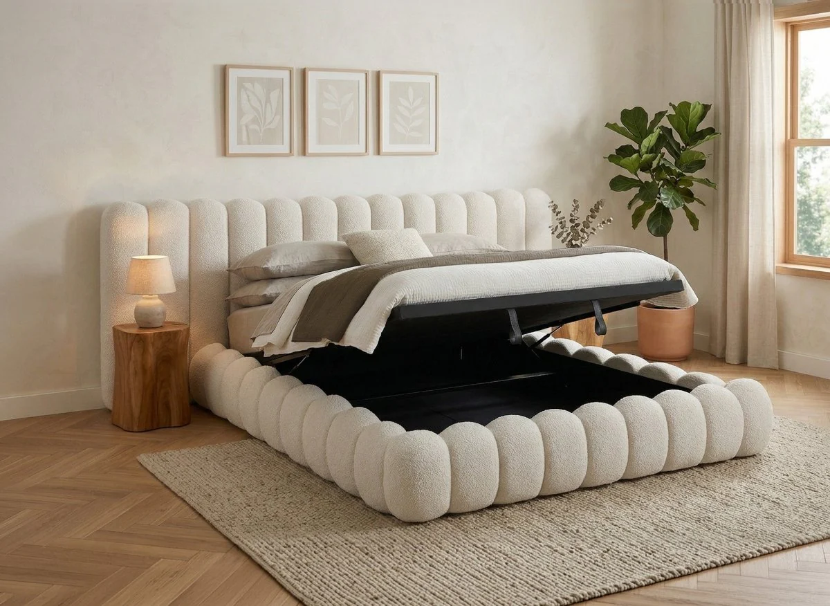 Lit coffre en tissu bouclette beige 180x200 cm GRETA - Image 2
