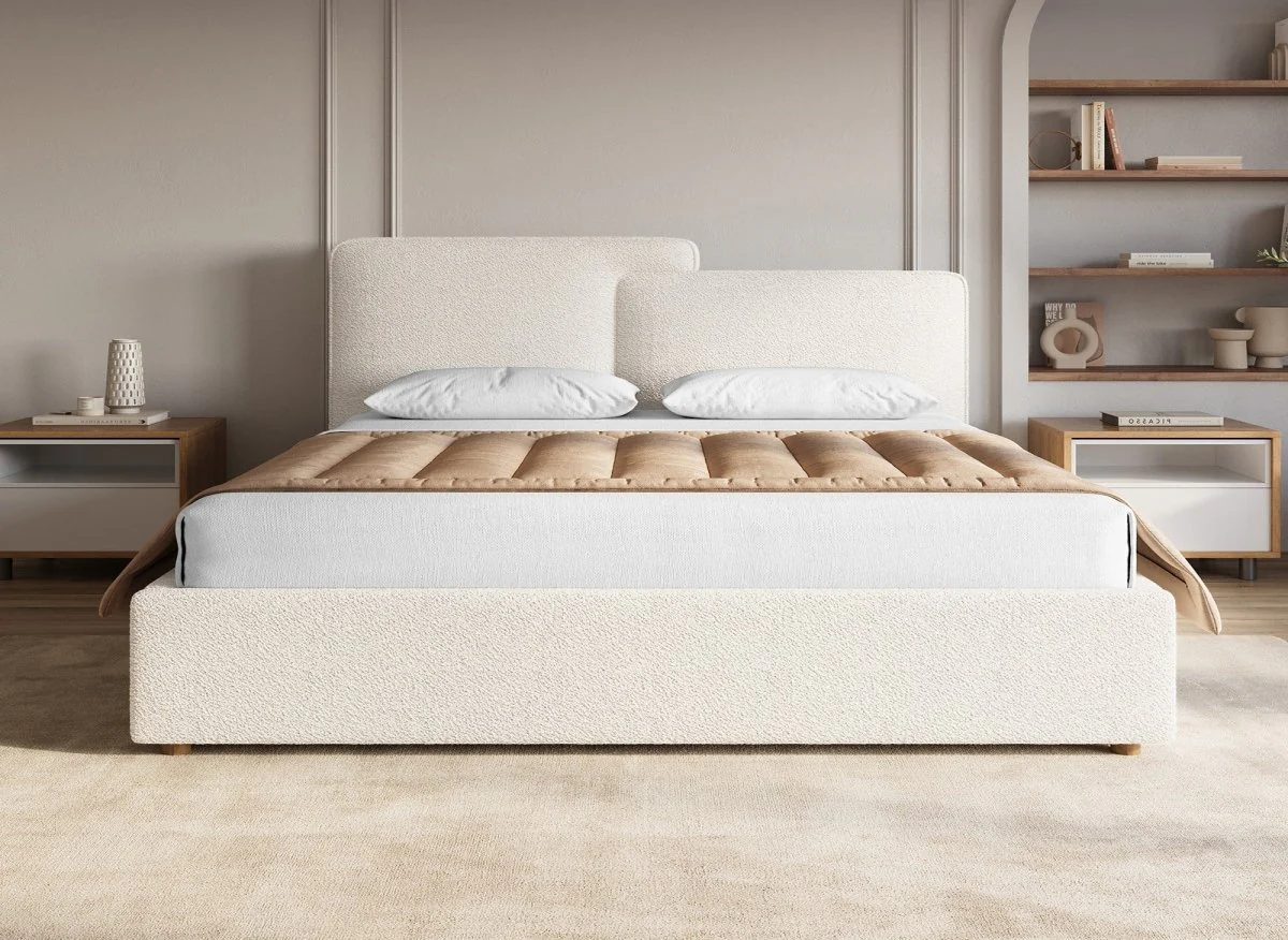 Lit coffre en tissu bouclette beige 180x200 cm ZELIA - Image 3