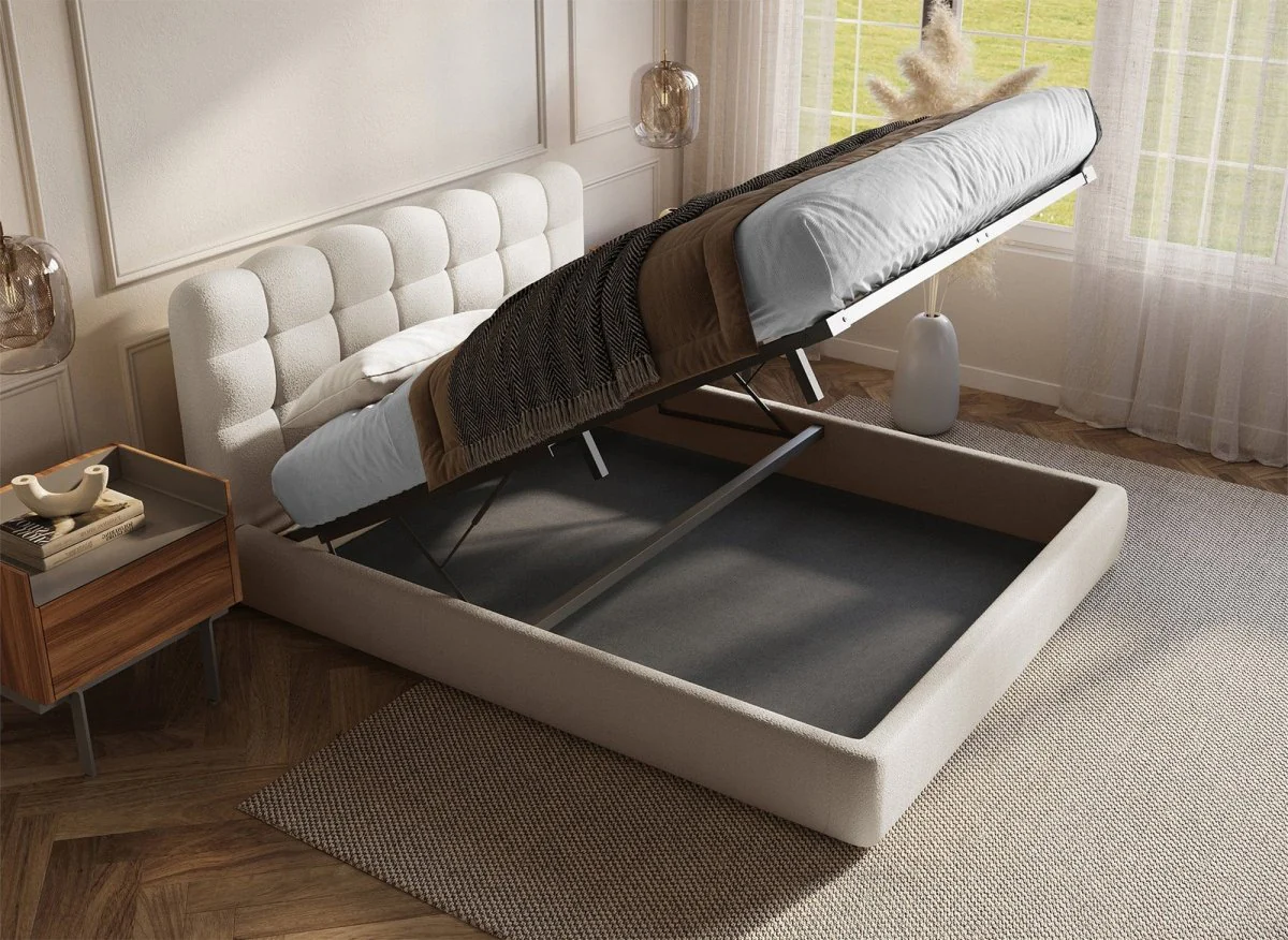Lit coffre en tissu bouclette beige 180x200 cm BISCUIT - Image 2