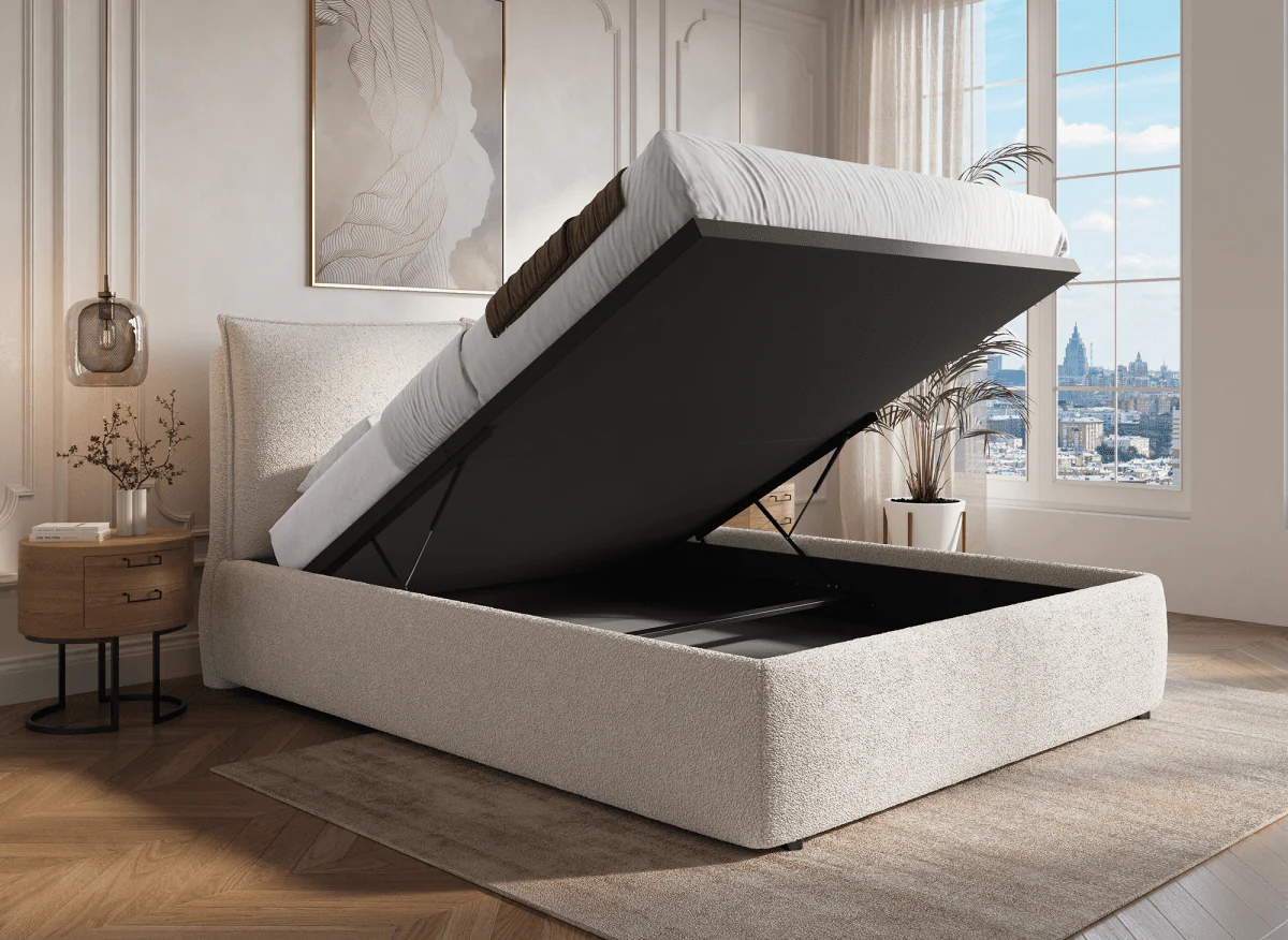 Lit coffre en tissu bouclette beige 180x200 cm MELY - Image 2