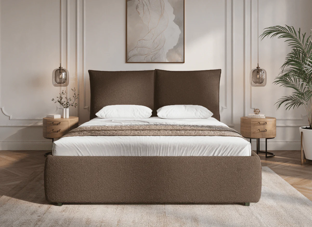 Lit coffre en tissu bouclette marron 140x190 cm MELY - Image 3