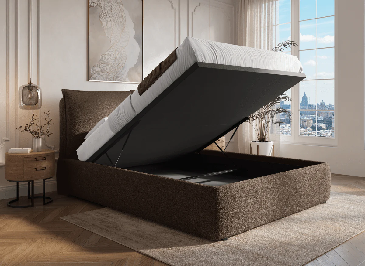 Lit coffre en tissu bouclette marron 160x200 cm MELY - Image 2