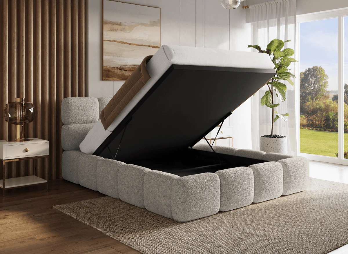 Lit coffre en tissu bouclette taupe 160x200 cm BUBBLE - Image 2