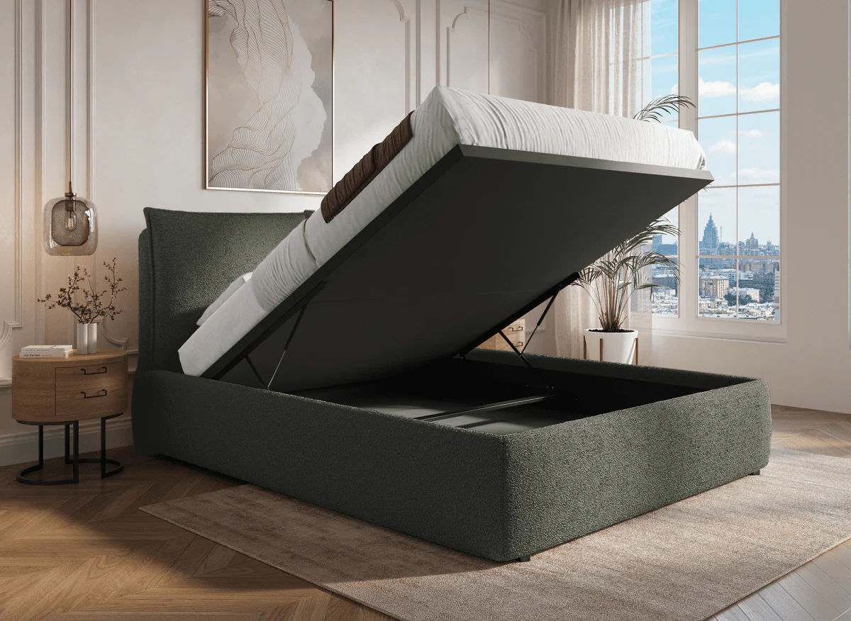 Lit coffre en tissu bouclette vert olive 160x200 cm MELY - Image 2