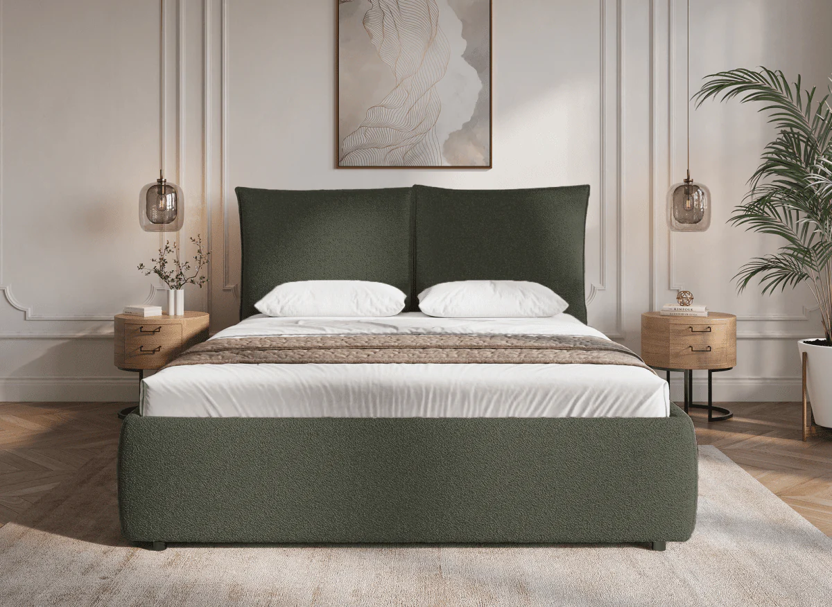 Lit coffre en tissu bouclette vert olive 160x200 cm MELY - Image 3