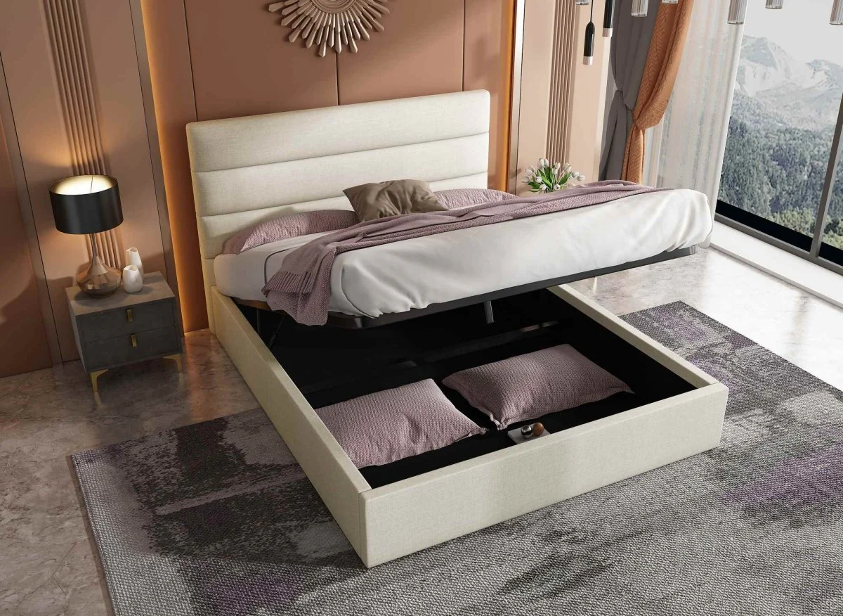 Lit coffre en tissu lin beige 160 x 200 cm SHANNA - Image 2