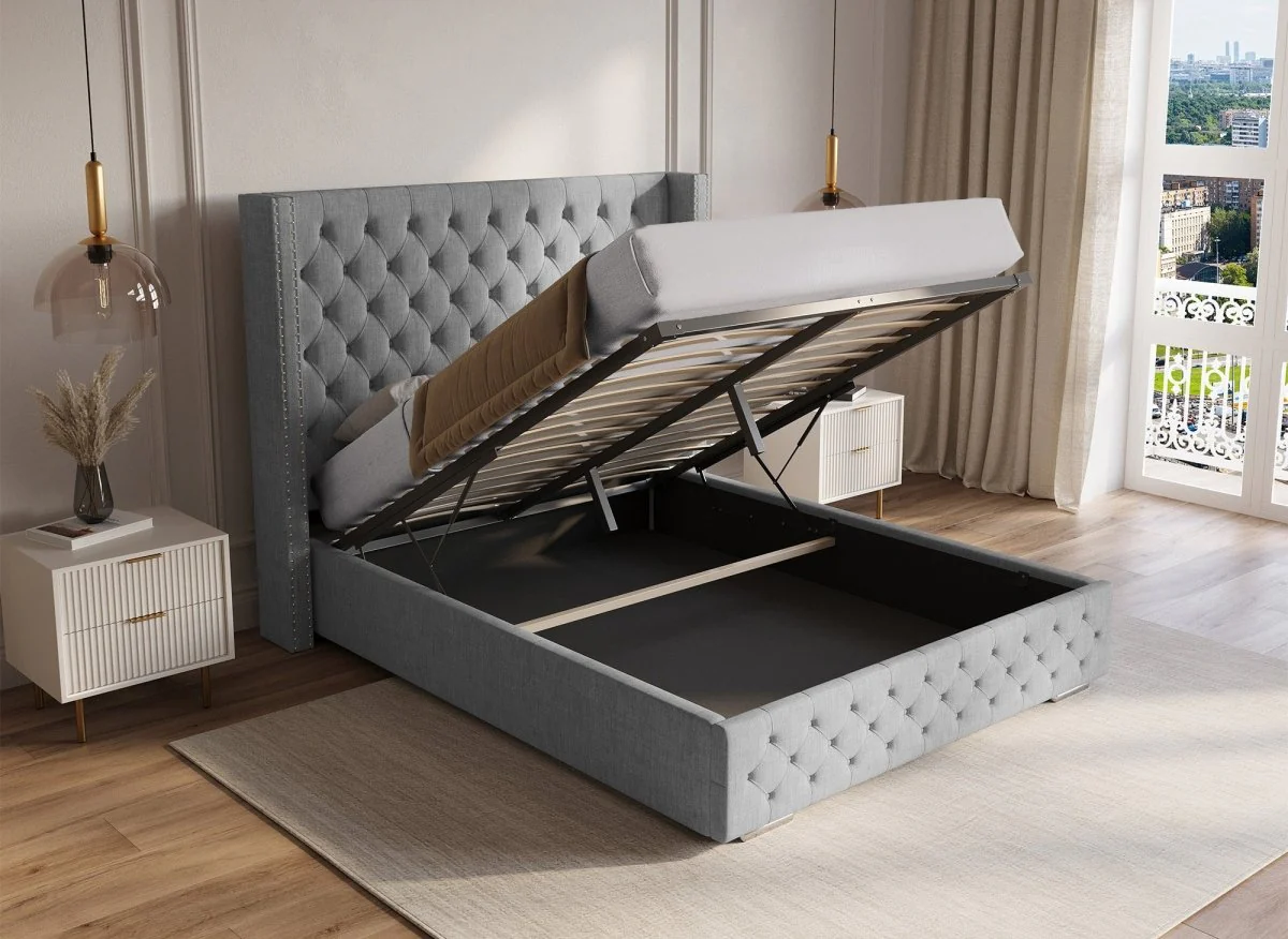 Lit coffre en tissu lin gris 140X190 cm MAXI - Image 2