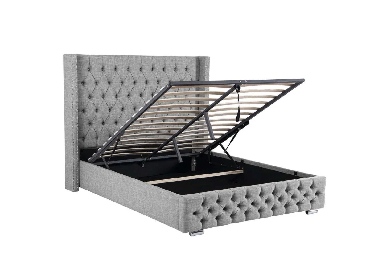 Lit coffre en tissu lin gris 140X190 cm MAXI - Image 4