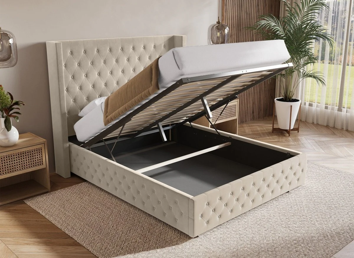 Lit coffre en velours beige 140X190 cm PERLA - Image 2