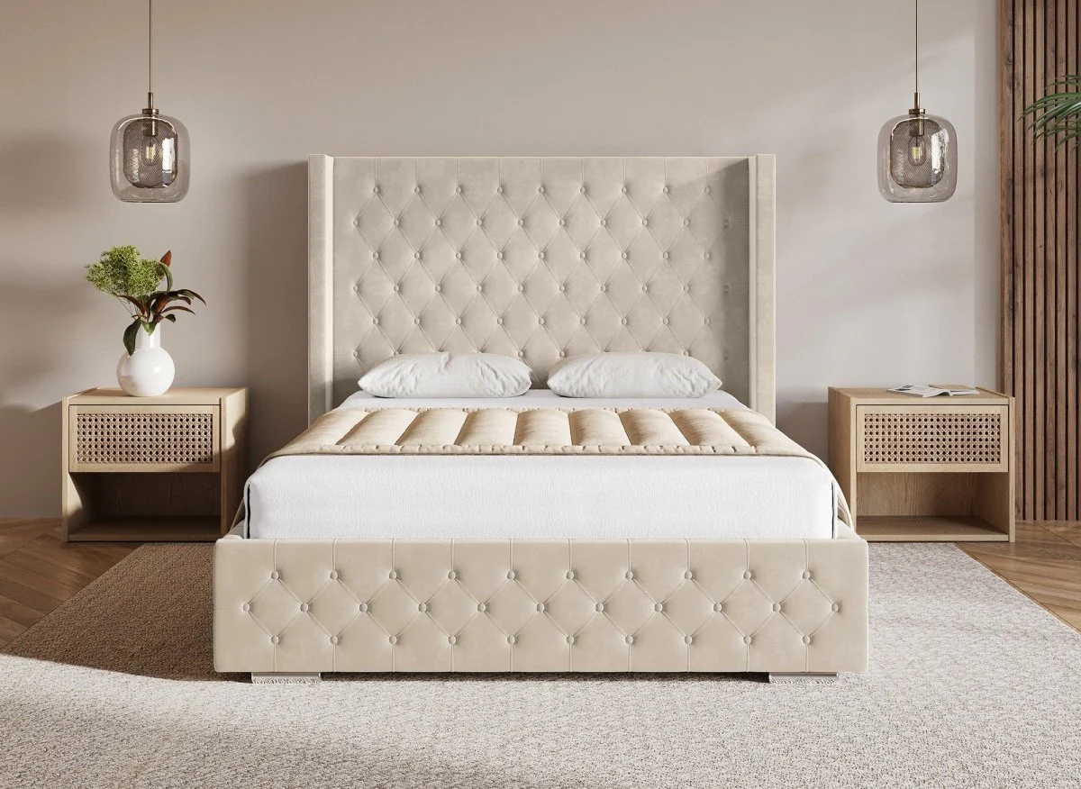 Lit coffre en velours beige 140X190 cm PERLA - Image 3