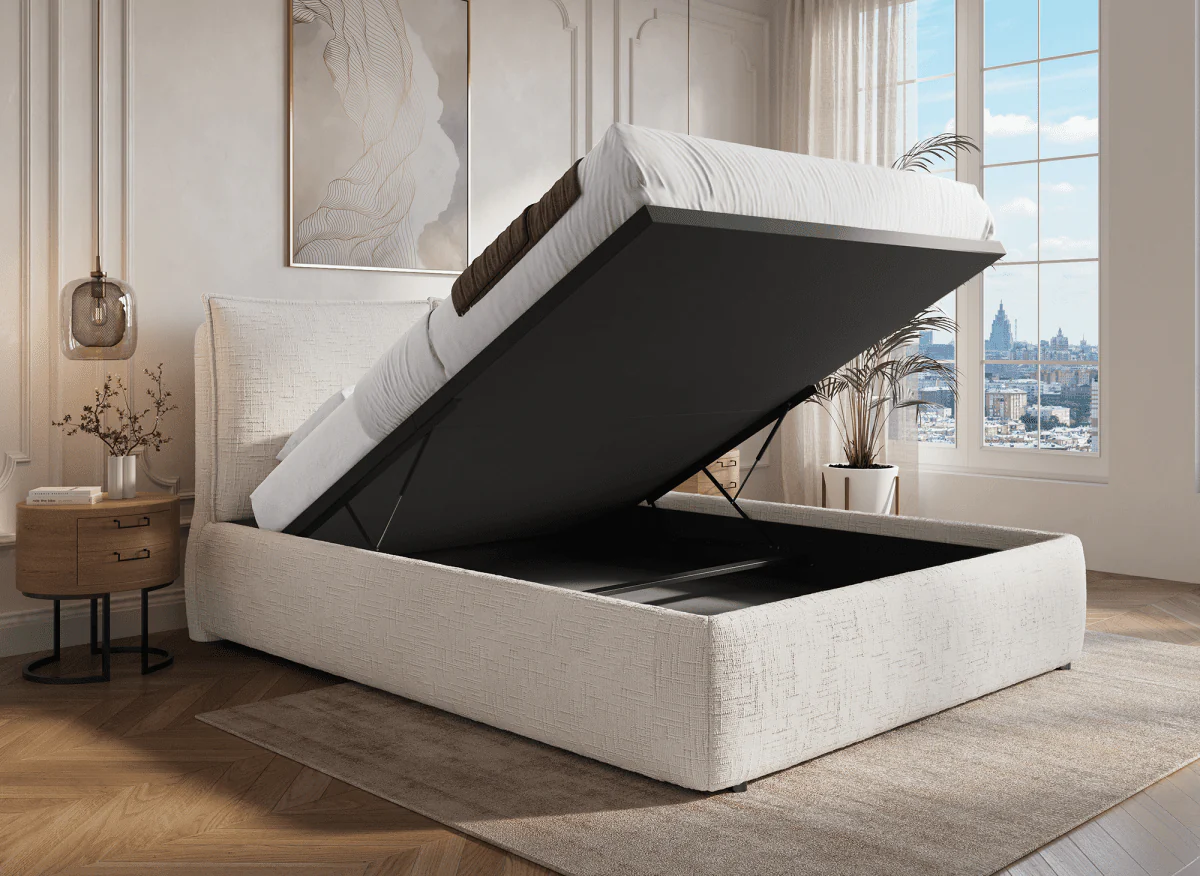 Lit coffre en velours chiné beige 180x200 cm MELY - Image 2