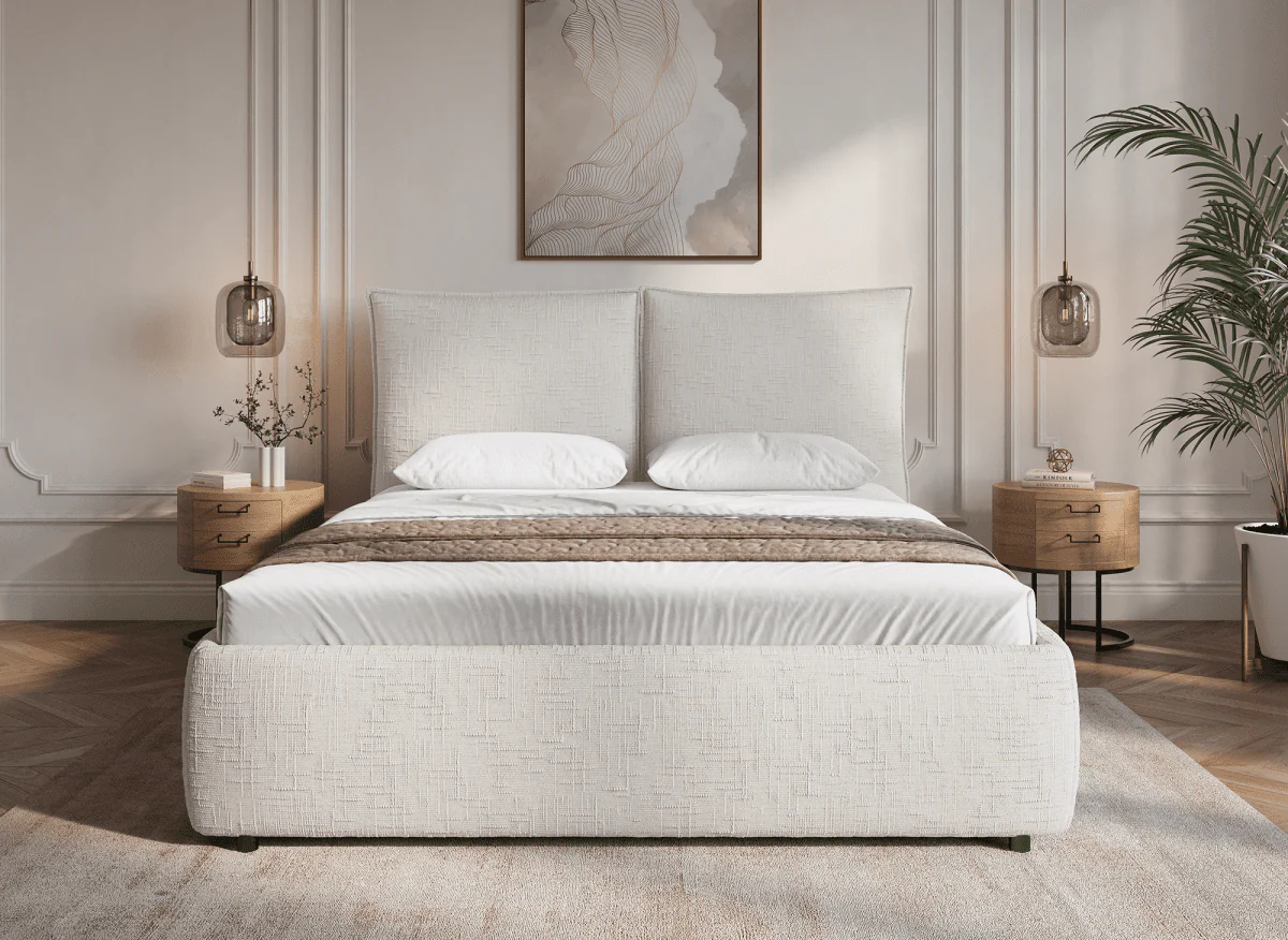 Lit coffre en velours chiné beige 180x200 cm MELY - Image 3