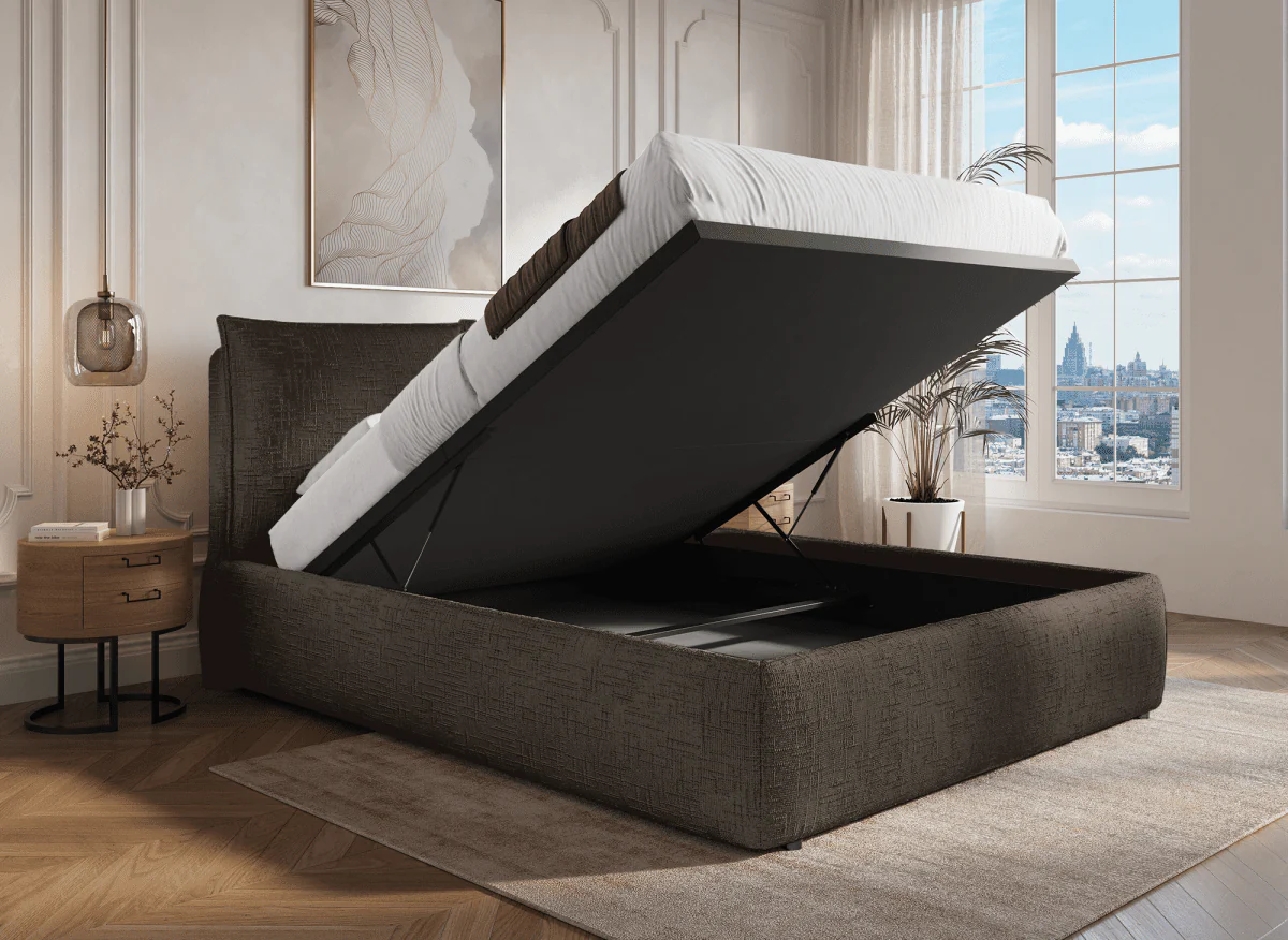 Lit coffre en velours chiné marron 140x190 cm MELY - Image 2