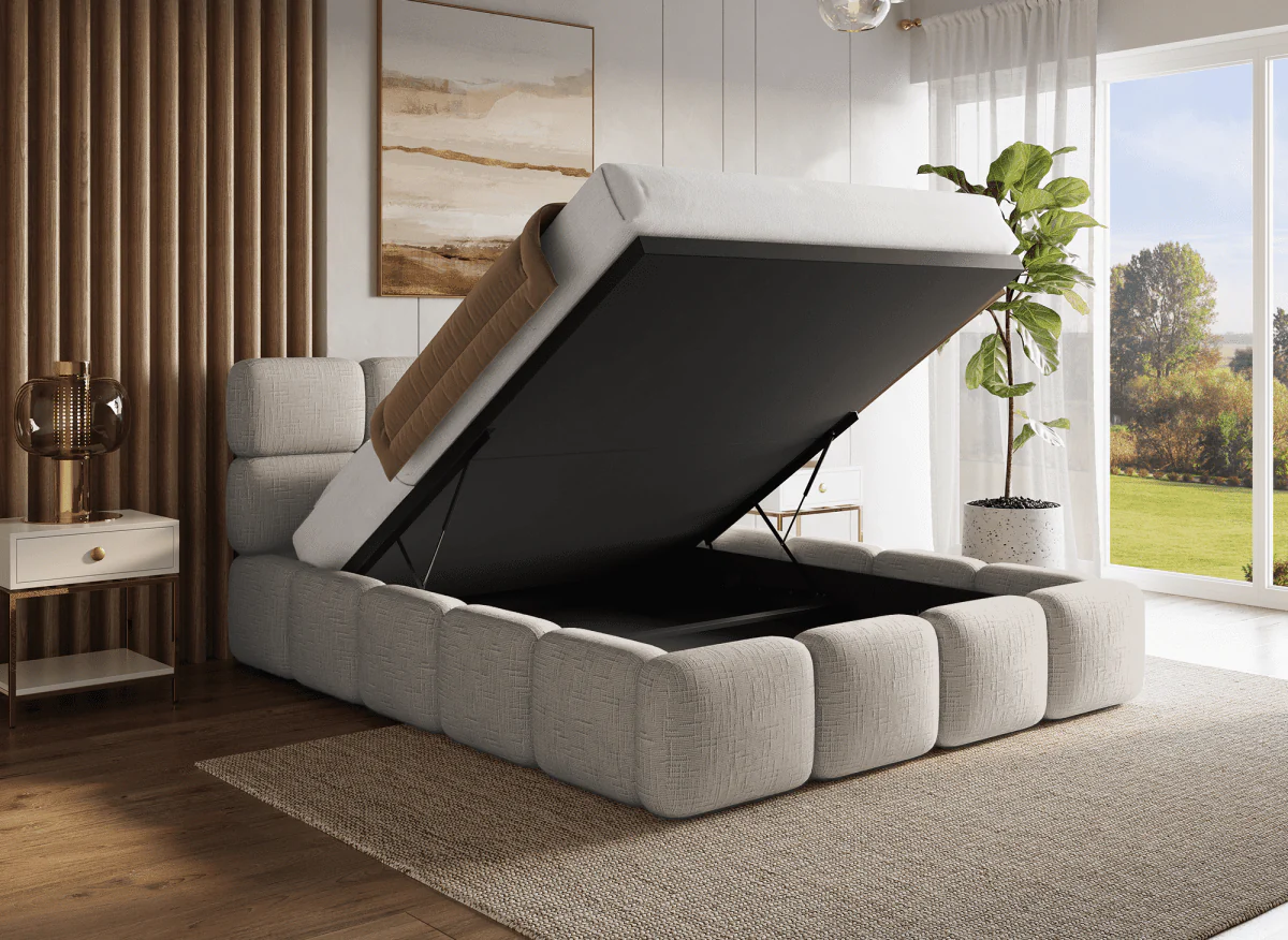 Lit coffre en velours chiné taupe 140x190 cm BUBBLE - Image 2