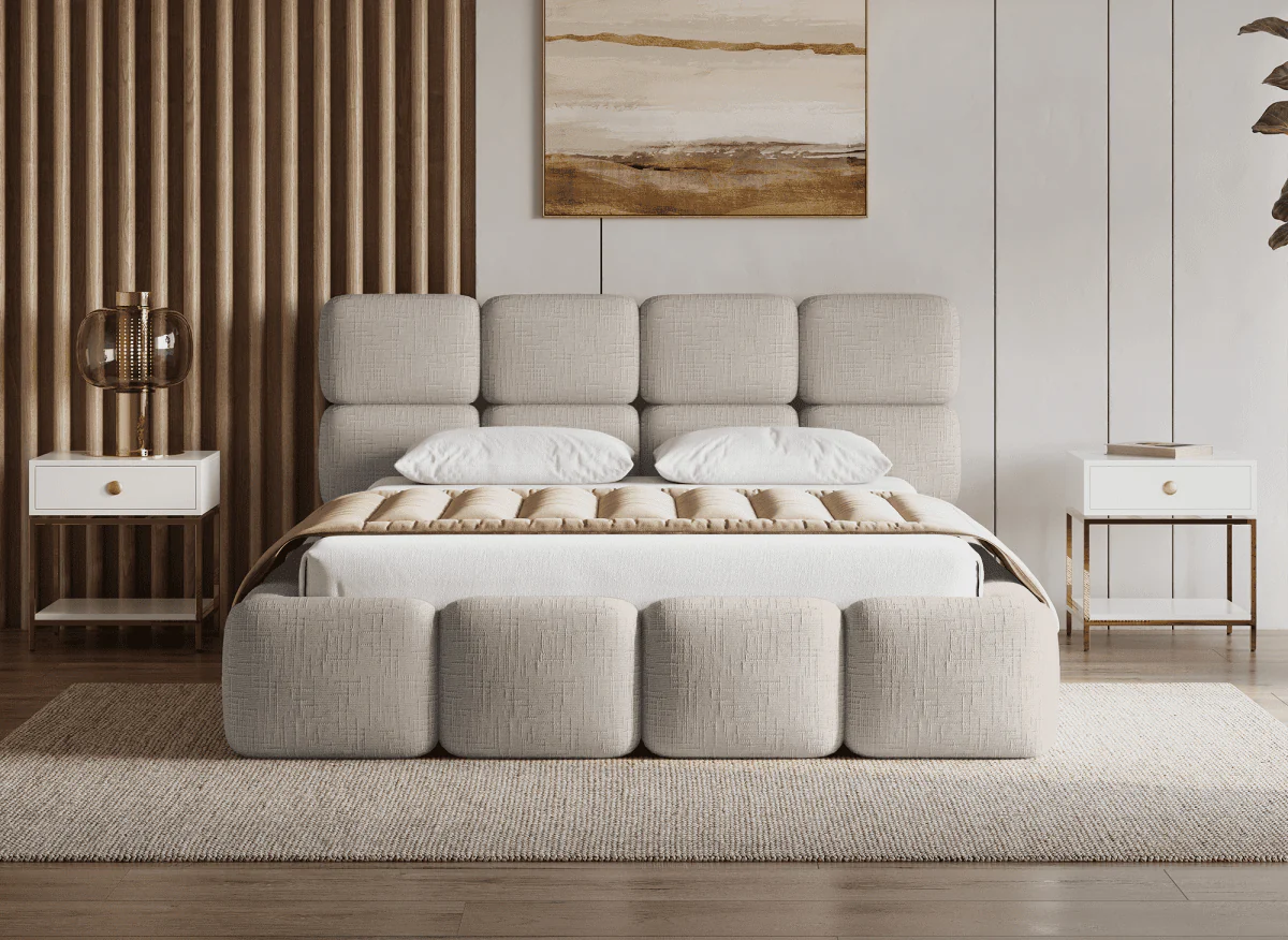 Lit coffre en velours chiné taupe 140x190 cm BUBBLE - Image 3