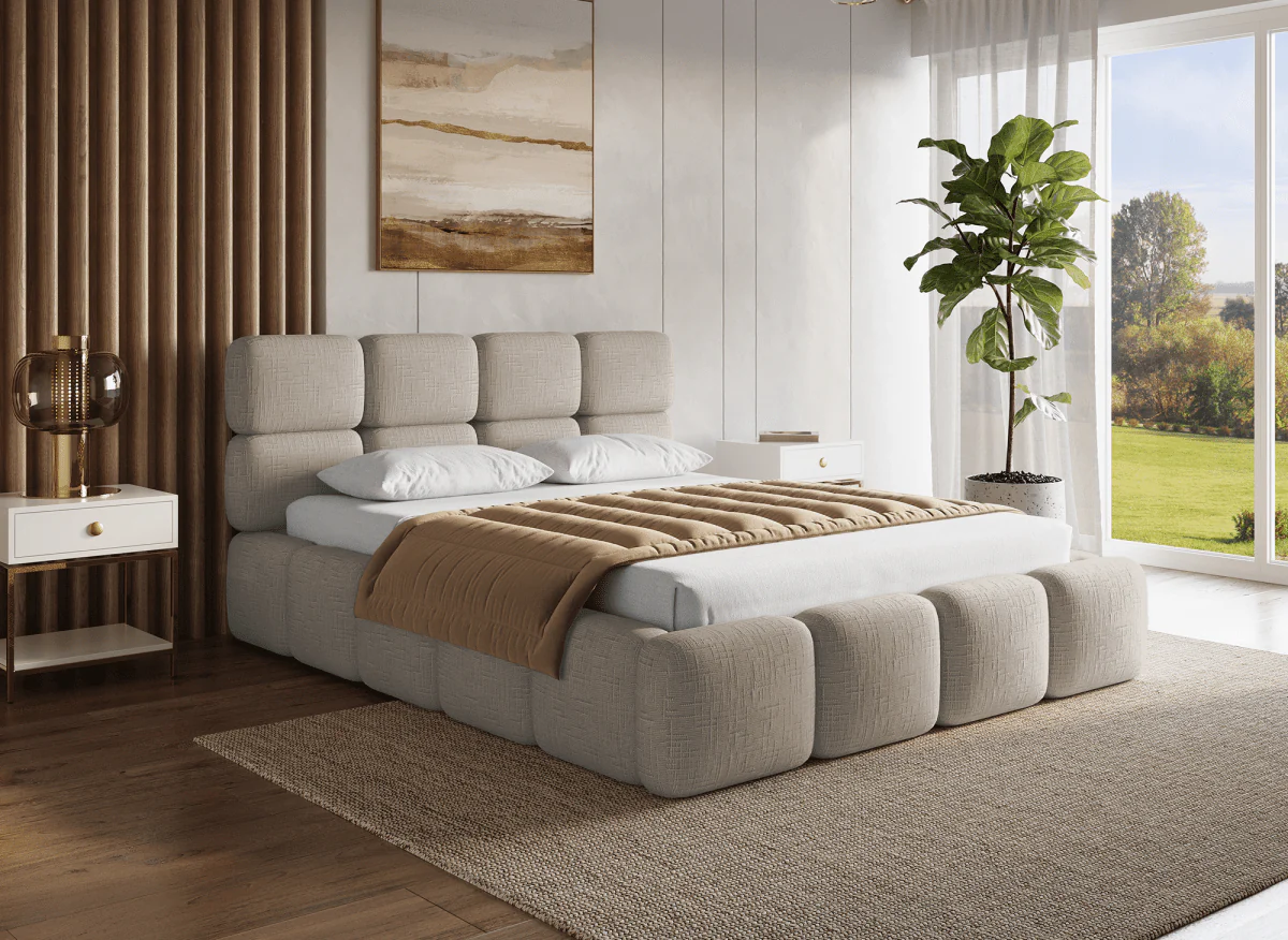 Lit coffre en velours chiné taupe 160x200 cm BUBBLE