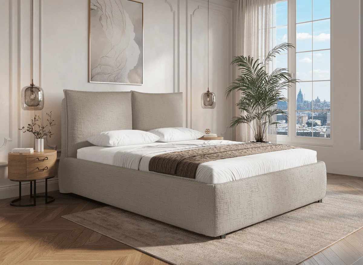 Lit coffre en velours chiné taupe 180x200 cm MELY
