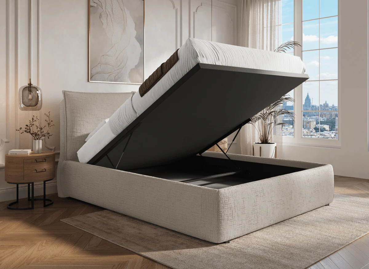 Lit coffre en velours chiné taupe 180x200 cm MELY - Image 2