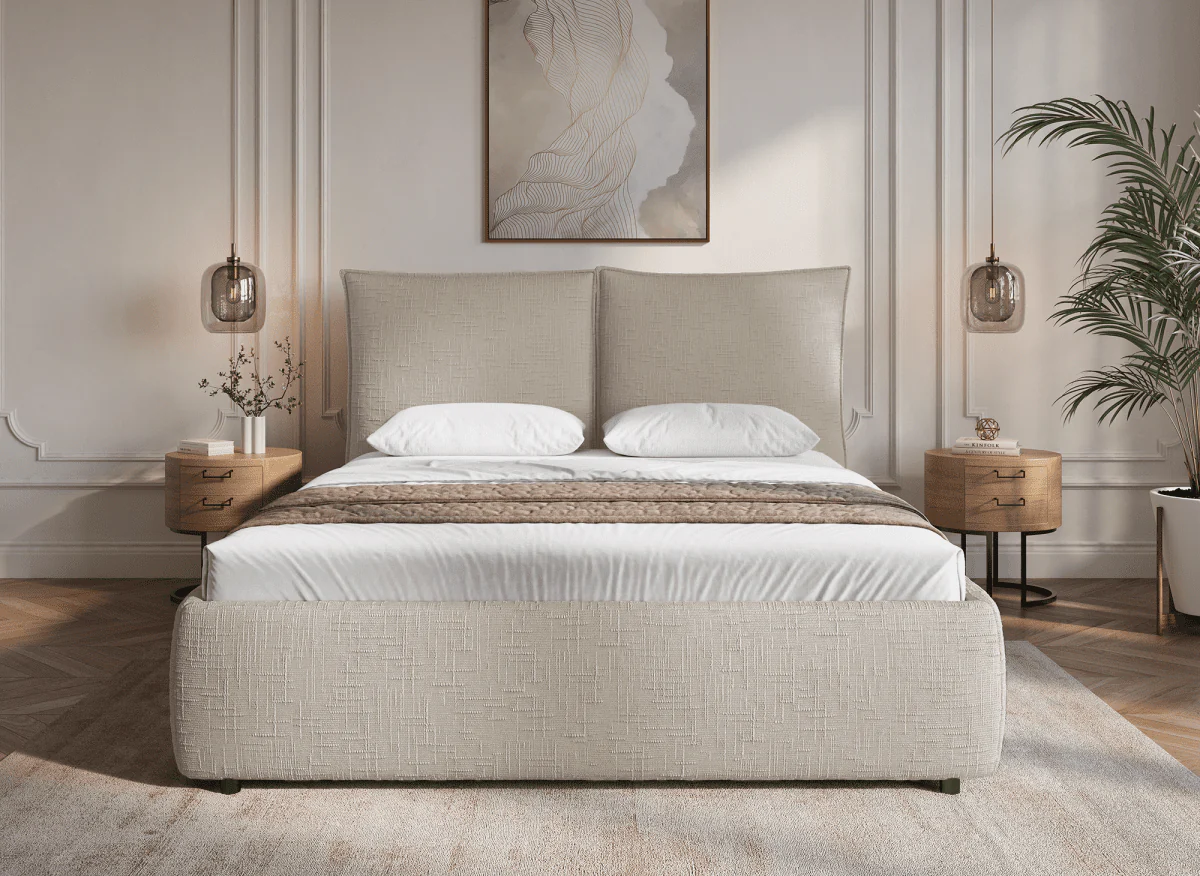 Lit coffre en velours chiné taupe 180x200 cm MELY - Image 3