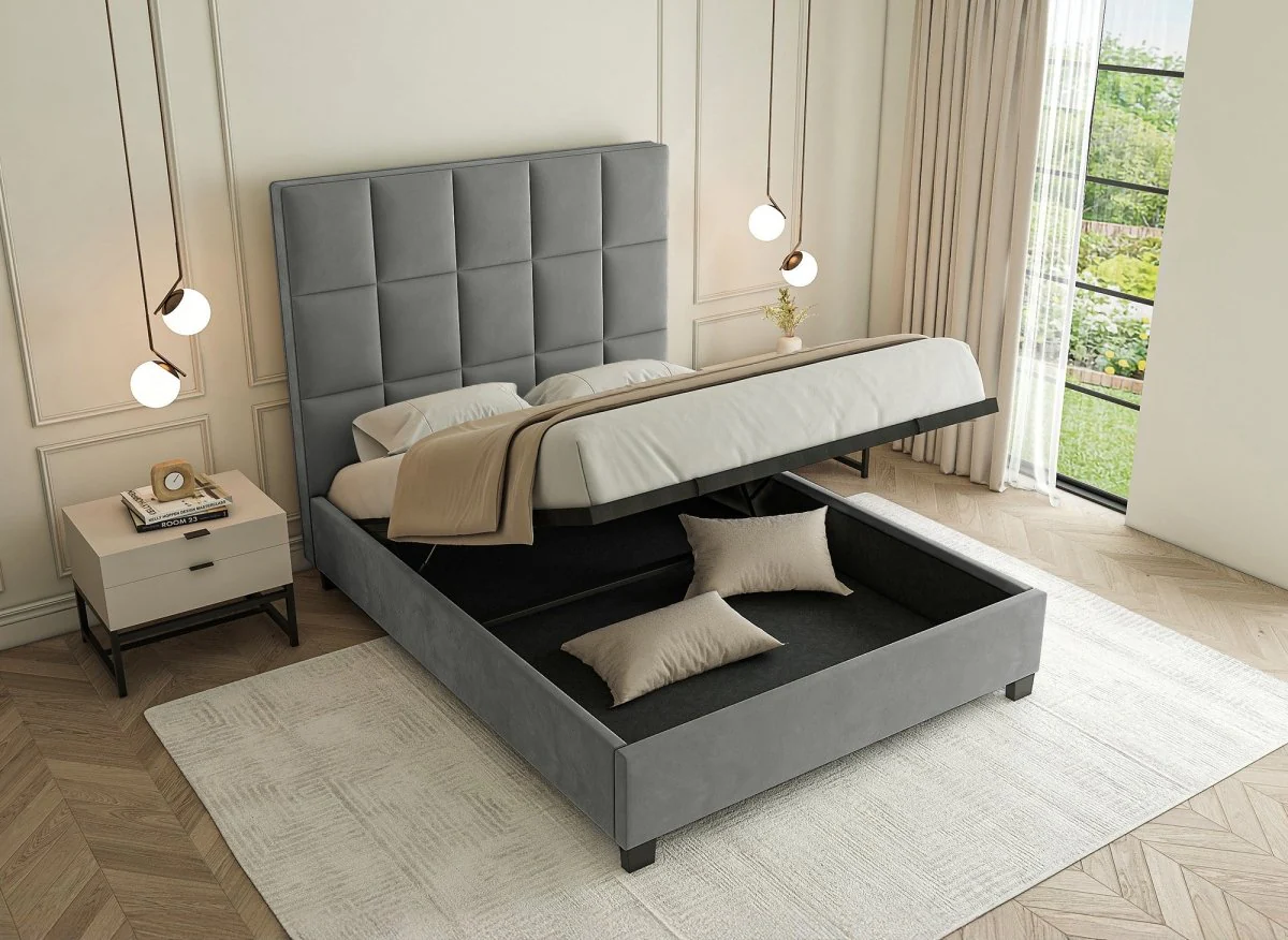 Lit coffre en velours gris design CAROLINE 180 x 200 cm - Image 2
