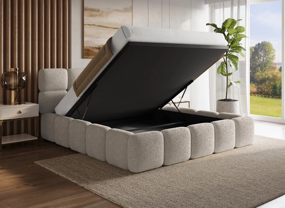 Lit coffre tissu bouclette taupe 180x200 cm BUBBLE - Image 2