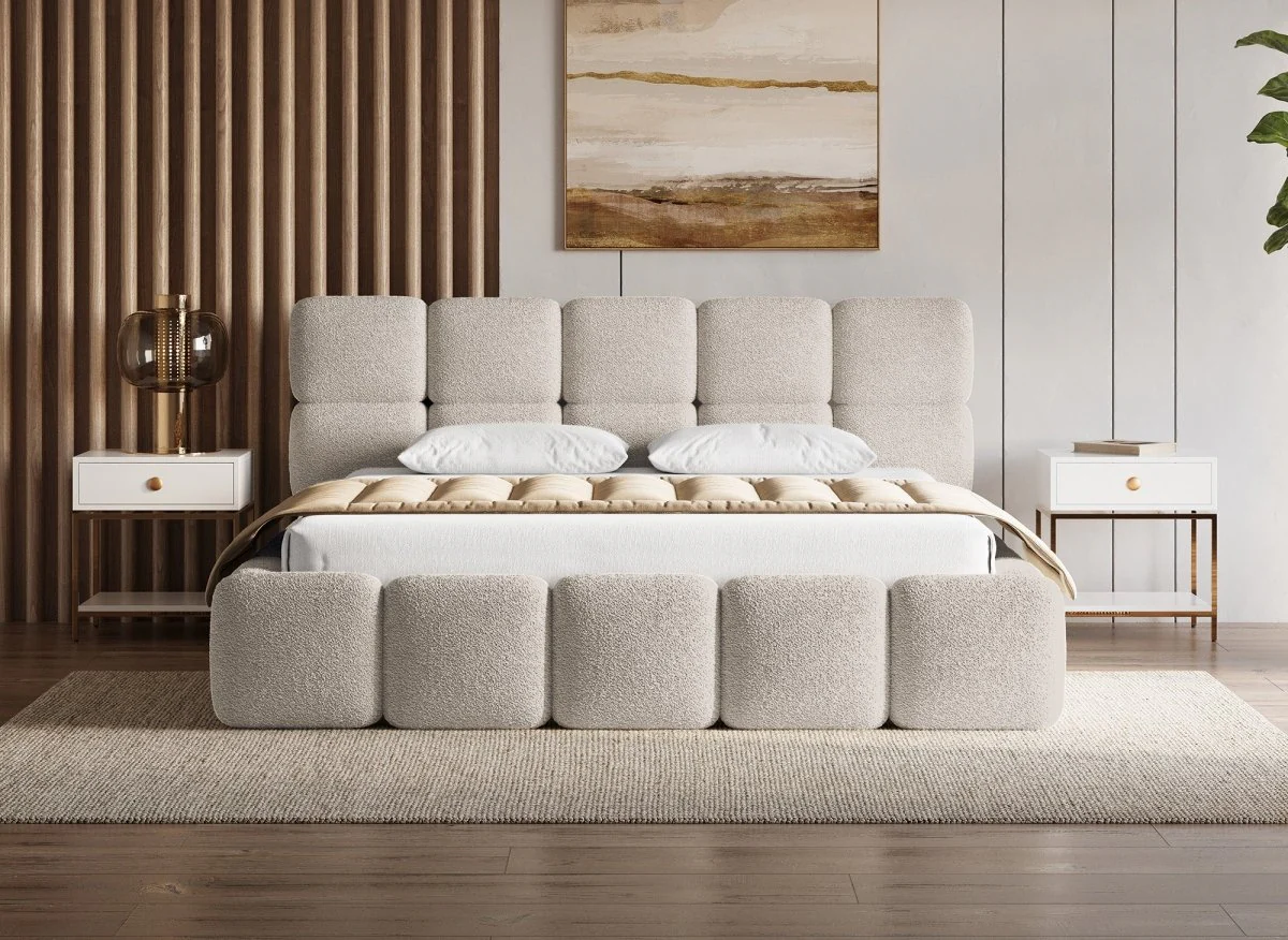 Lit coffre tissu bouclette taupe 180x200 cm BUBBLE - Image 3