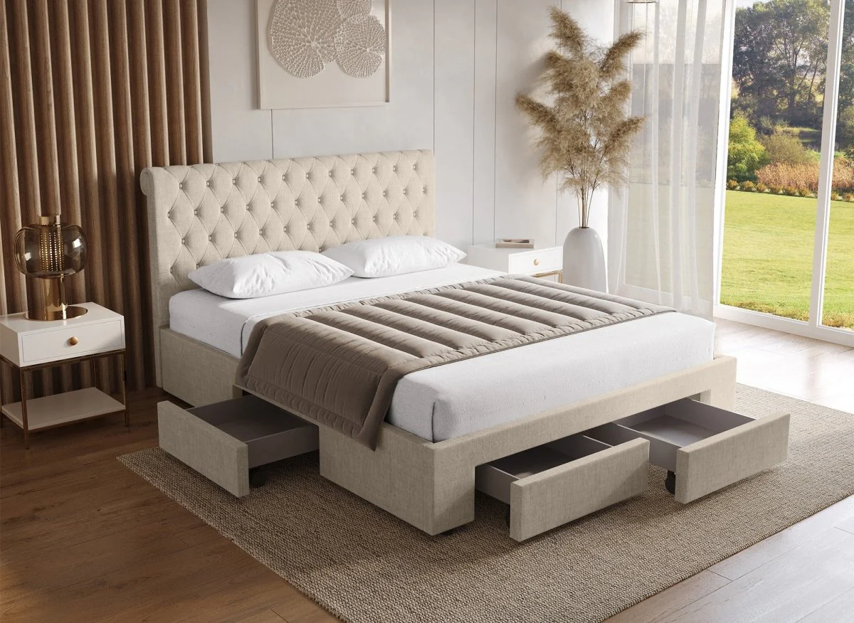 Lit double avec 4 tiroirs en lin beige 140x190 cm LEANDRE - Image 2