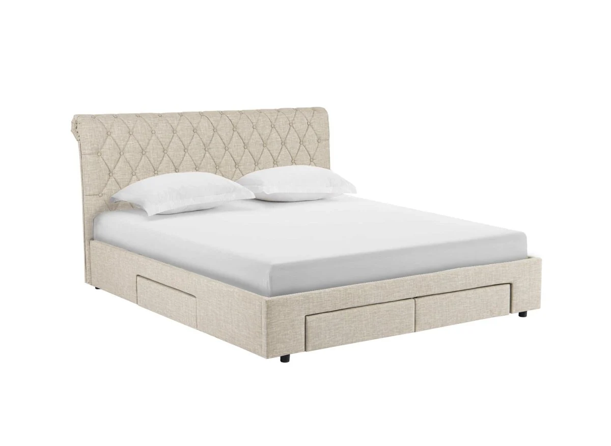 Lit double avec 4 tiroirs en lin beige 140x190 cm LEANDRE - Image 5