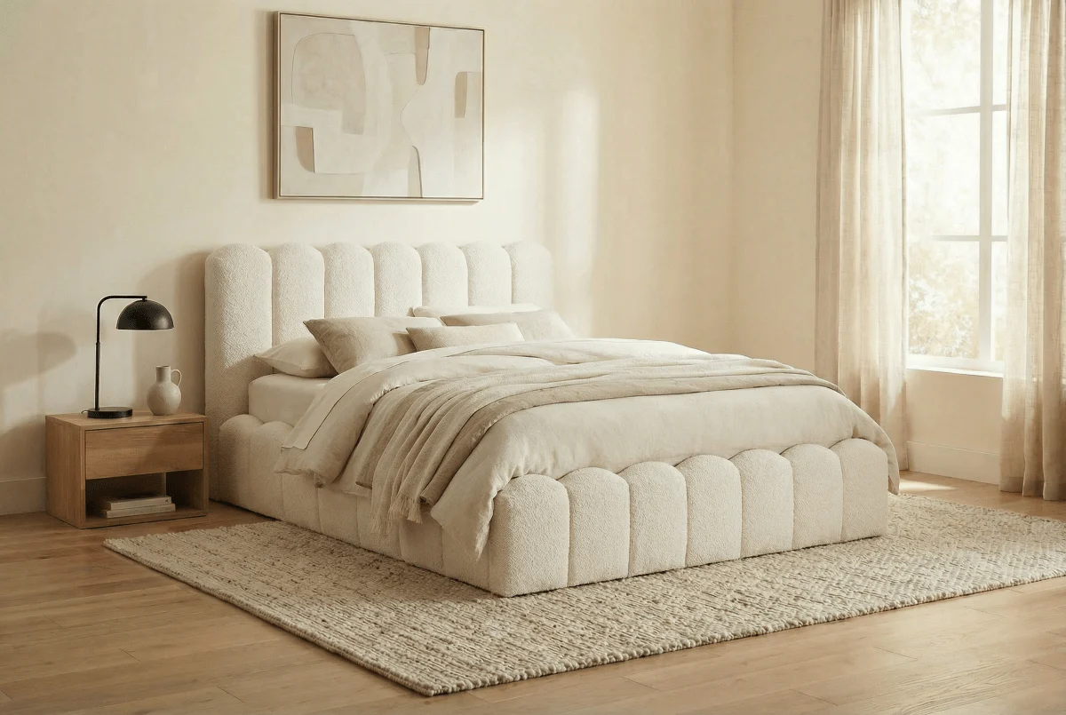 Lit double en tissu bouclette beige 180x200 cm RITA